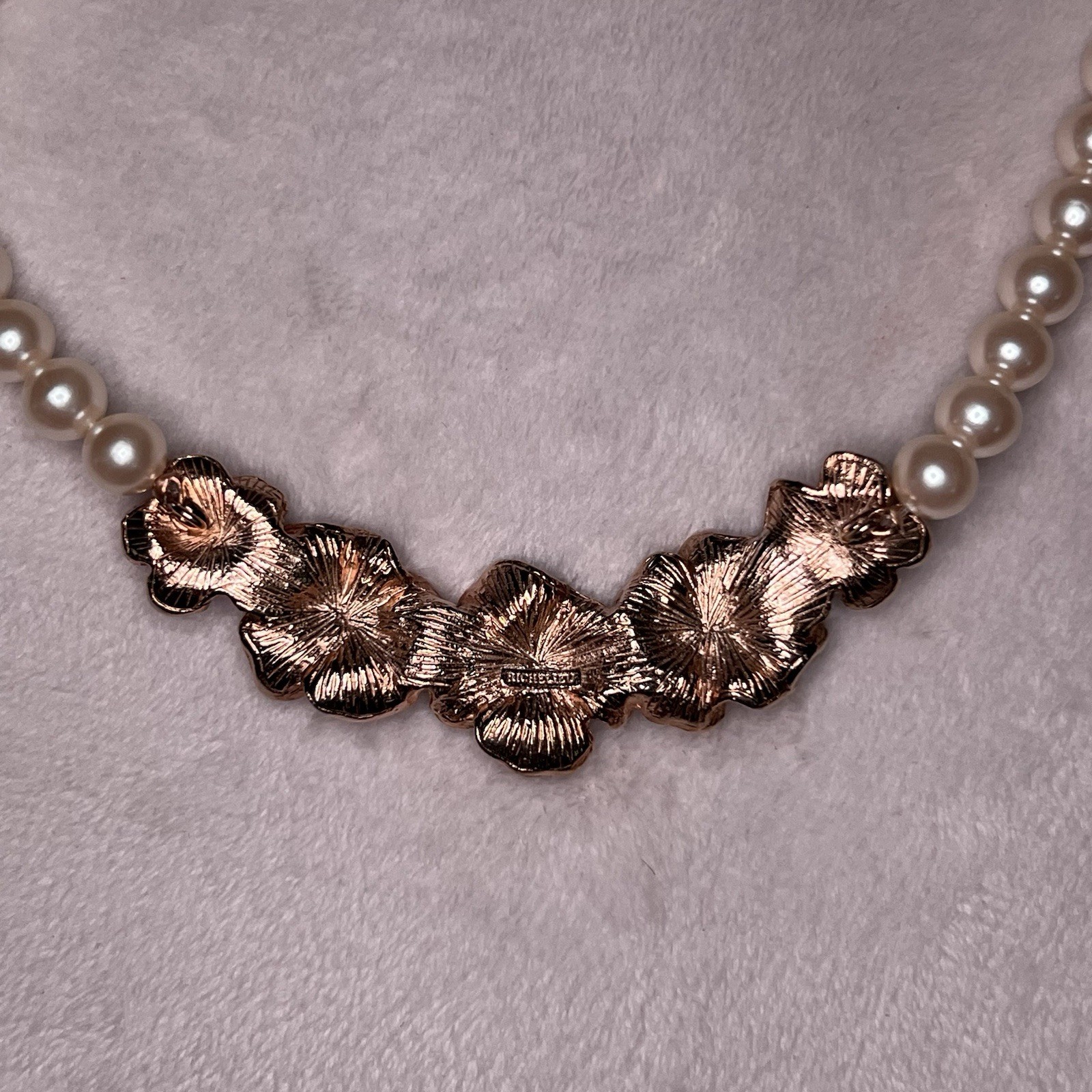 Vintage Richelieu Gold Tone Rose Faux Pearl Necklace