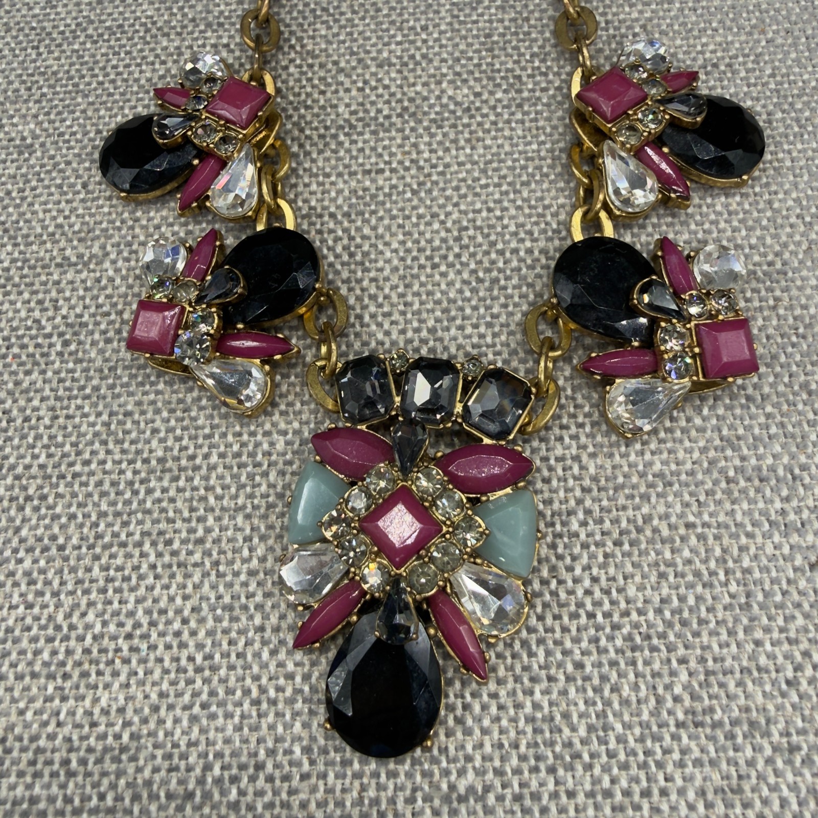 Vintage J Crew Necklace Jeweled Statement Burgundy Black Gold Tone 19 Inches