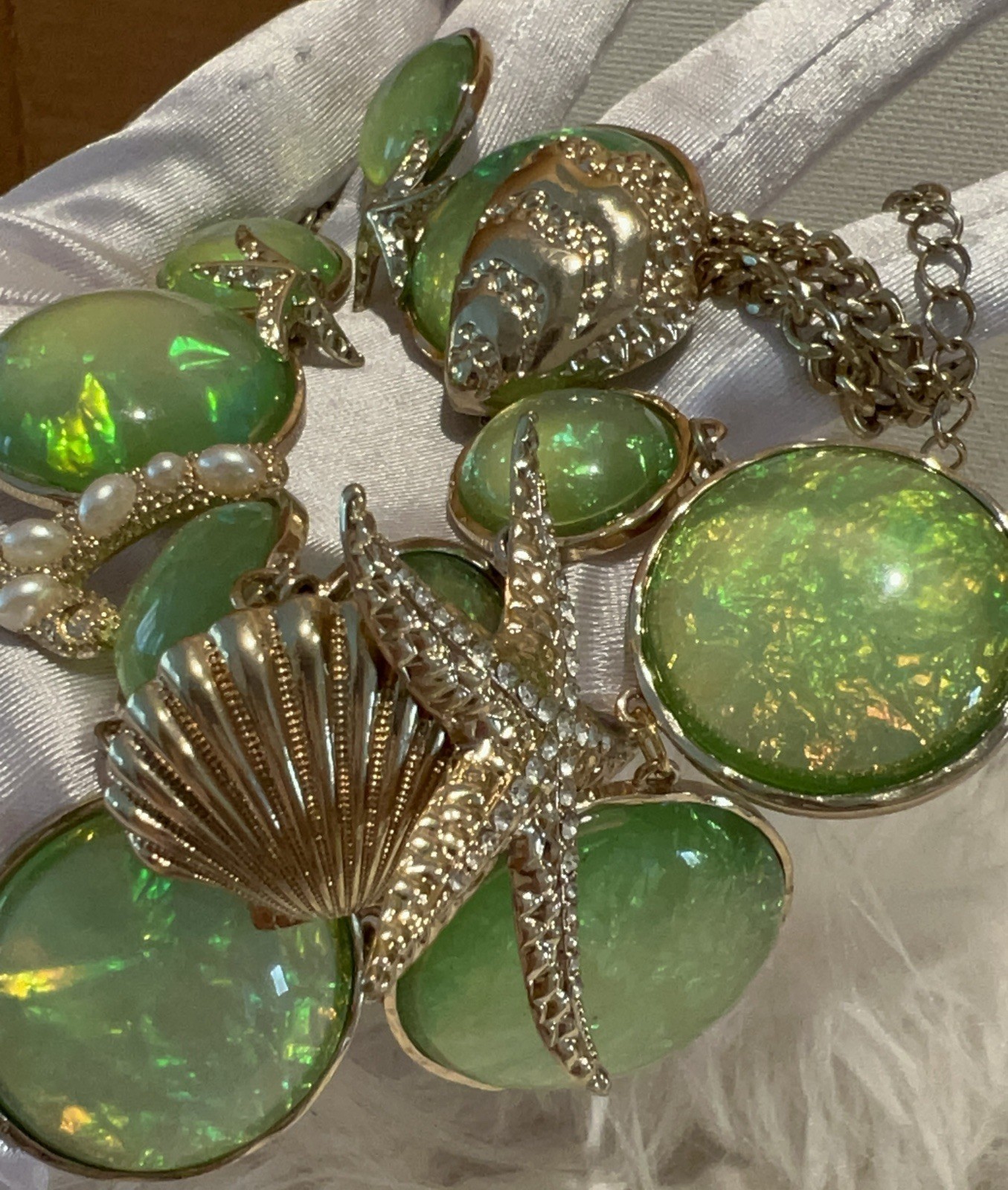 Statement MermaidCore Sea Life Bib Necklace Iridescent Green Sea Opal Starfish