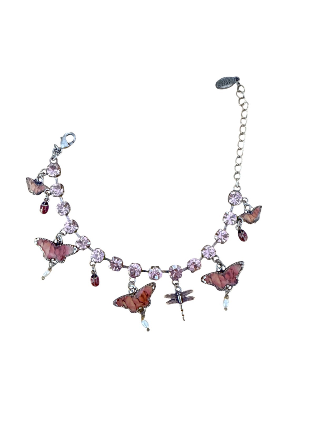 Danish Design Pilgrim Pink Rhinestone Butterfly Dragonfly Flower Silver Bracelet