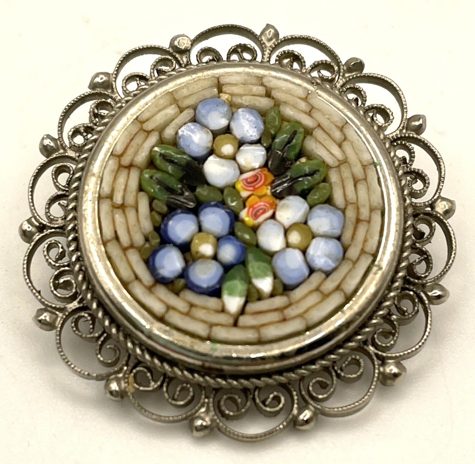 VTG Italian Micro Mosaic Millefiori Floral Brooch Silver Plate, Italy, 1.25”