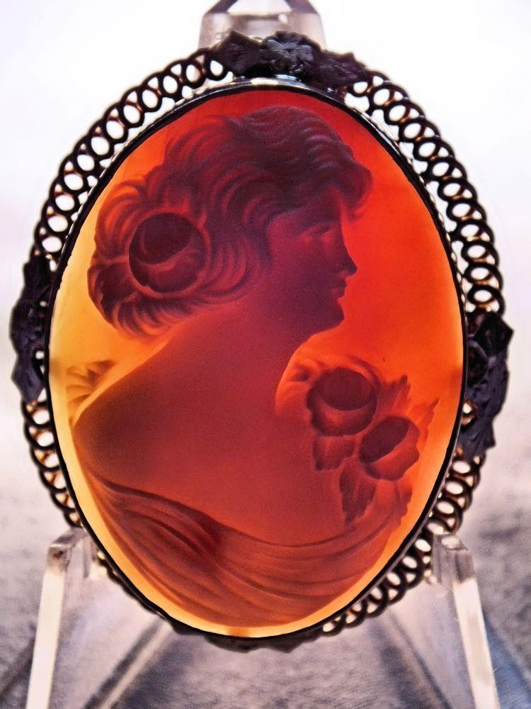 ESTATE VINTAGE 12K GOLD FILLED FANCY FILIGREE SETTING SHELL CAMEO BROOCH *FLORA*