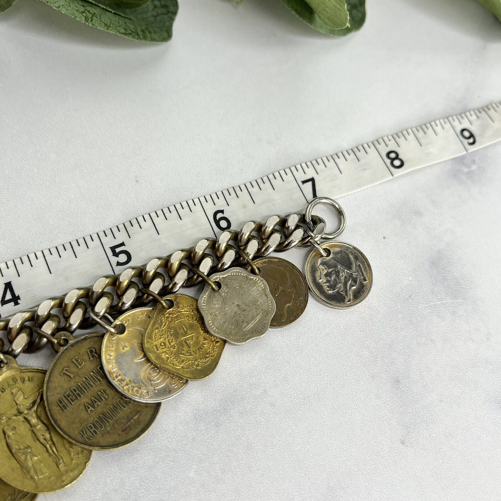 Vintage 13 Coin Charm Bracelet Belgium, India, Pakistan 1957 1959 1955 7”