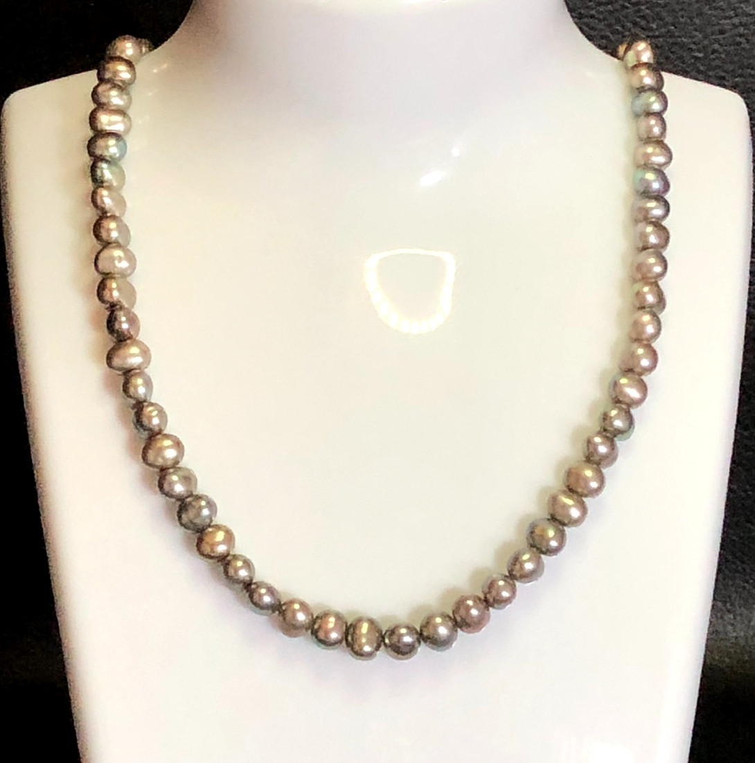 Vintage Genuine Cultured Freshwater Pearl Strand Necklace Silver Gray 18.5″ P24