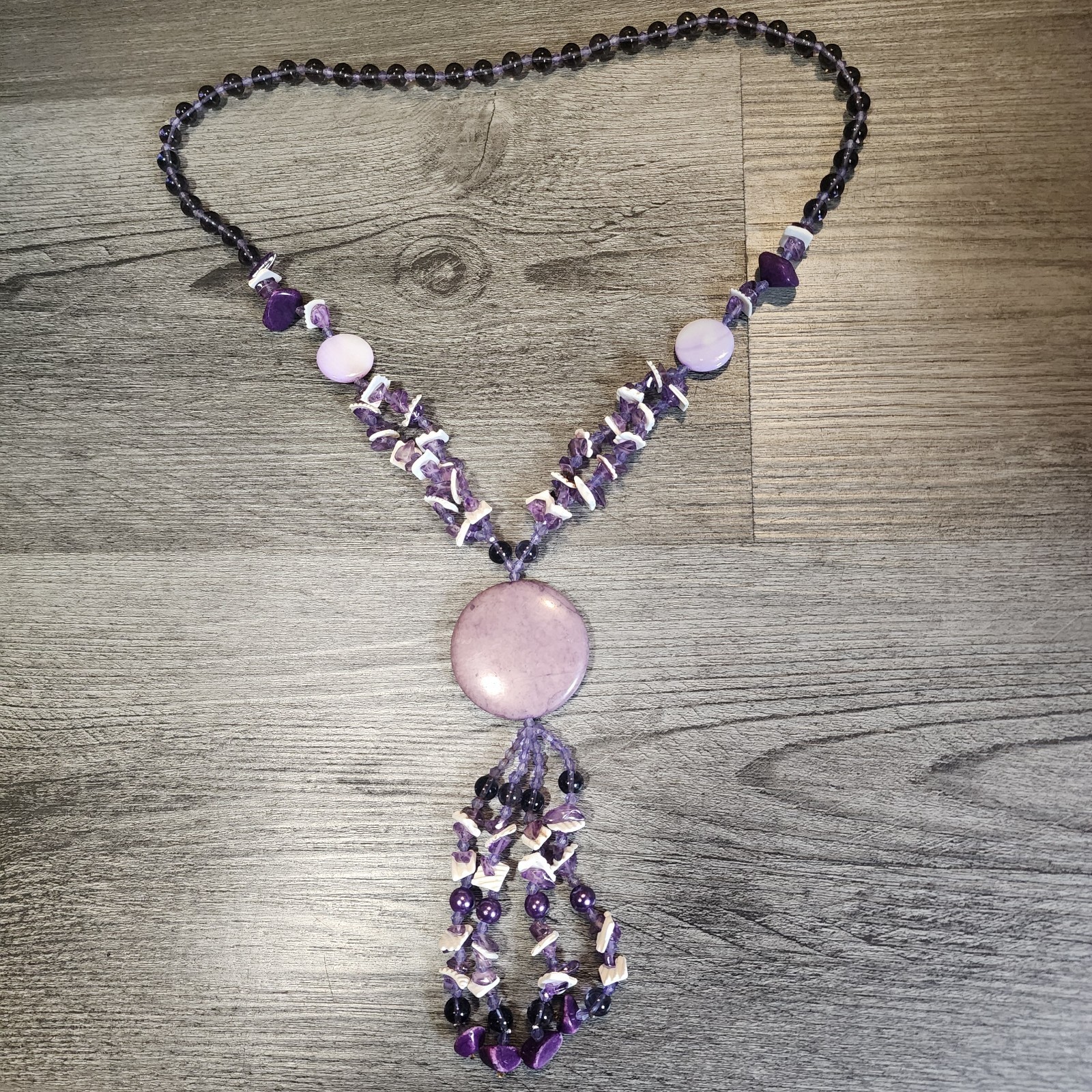 Vintage Necklace Purple Stone Seashell Rock Crystal Quartz Bead Tassel 20″ Shell