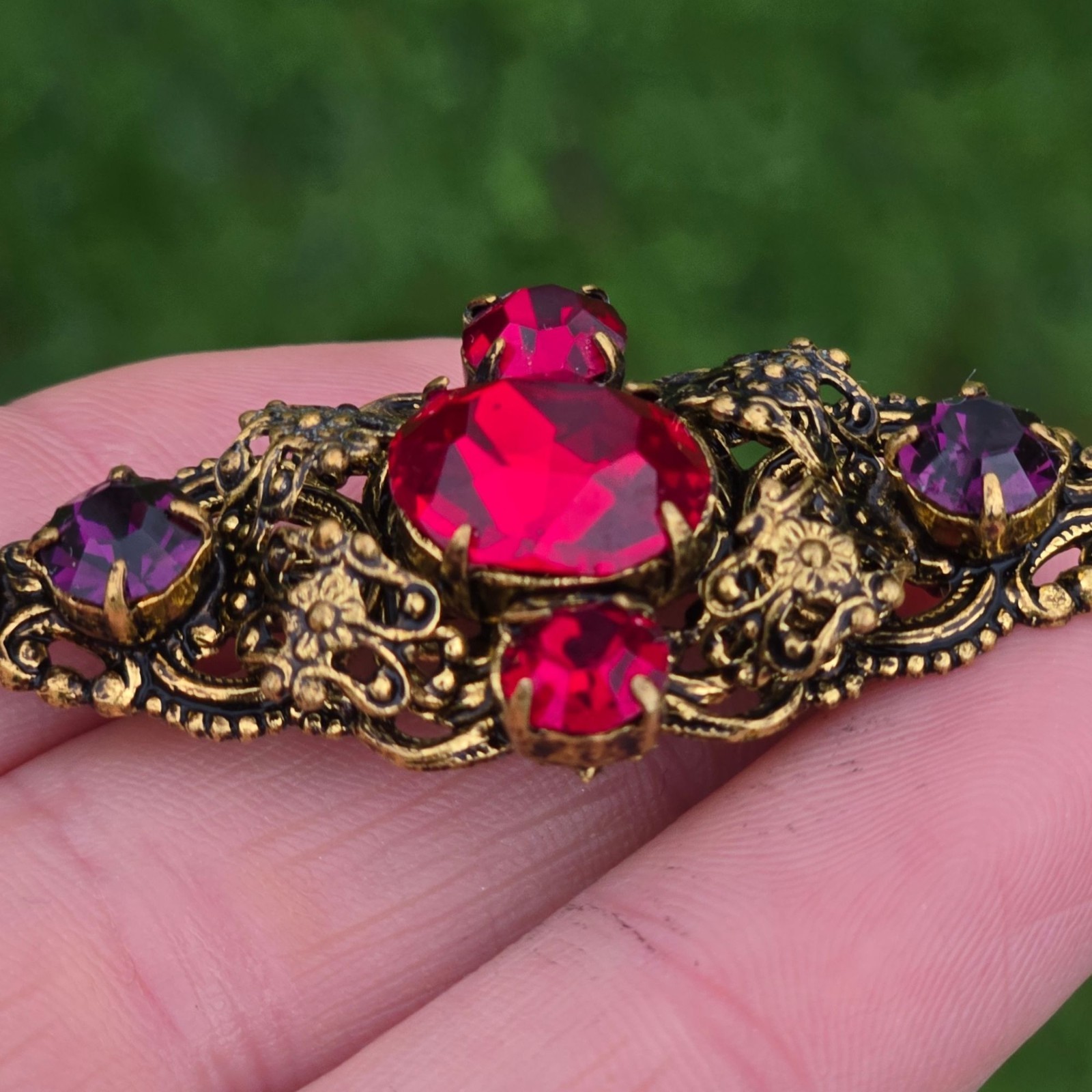 Antique Brooch Czech Glass Brass Filigree Pin Ruby Red Purple Czechoslovakia