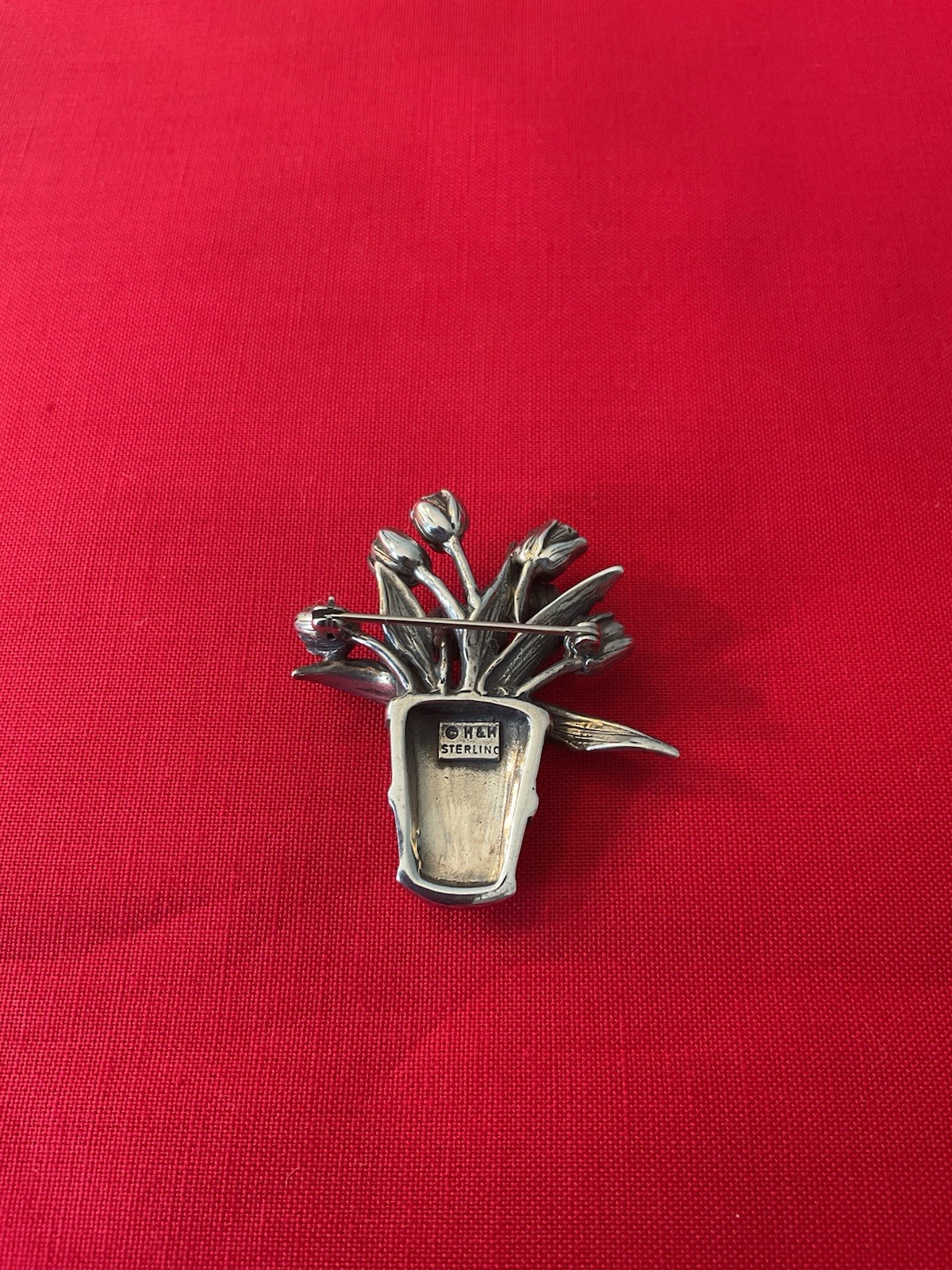 Sterling Silver Tulip Bouquet Basket Pin Brooch Vintage H&H 925 20.6g