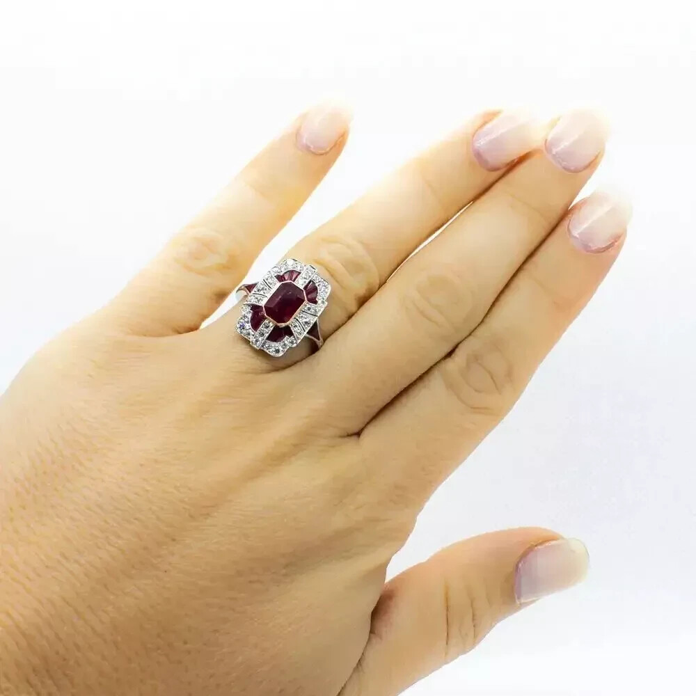 5Ct Vintage Art Deco Style Simulated Ruby Engagement 14K White Gold Finish Ring