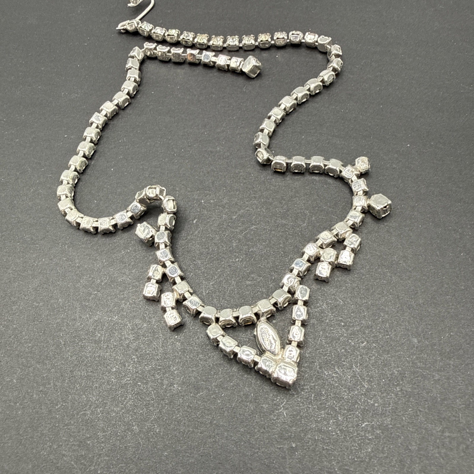 Vintage Clear Rhinestone Necklace Silver Tone 14” J151