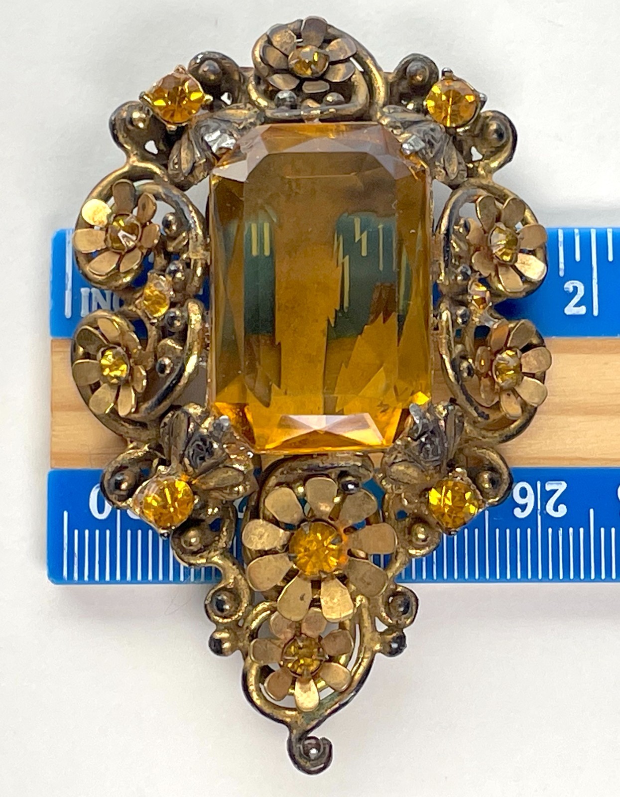 Victorian Clip Brooch | Massive Faux Citrine in Goldtone Metal – Astonishing!