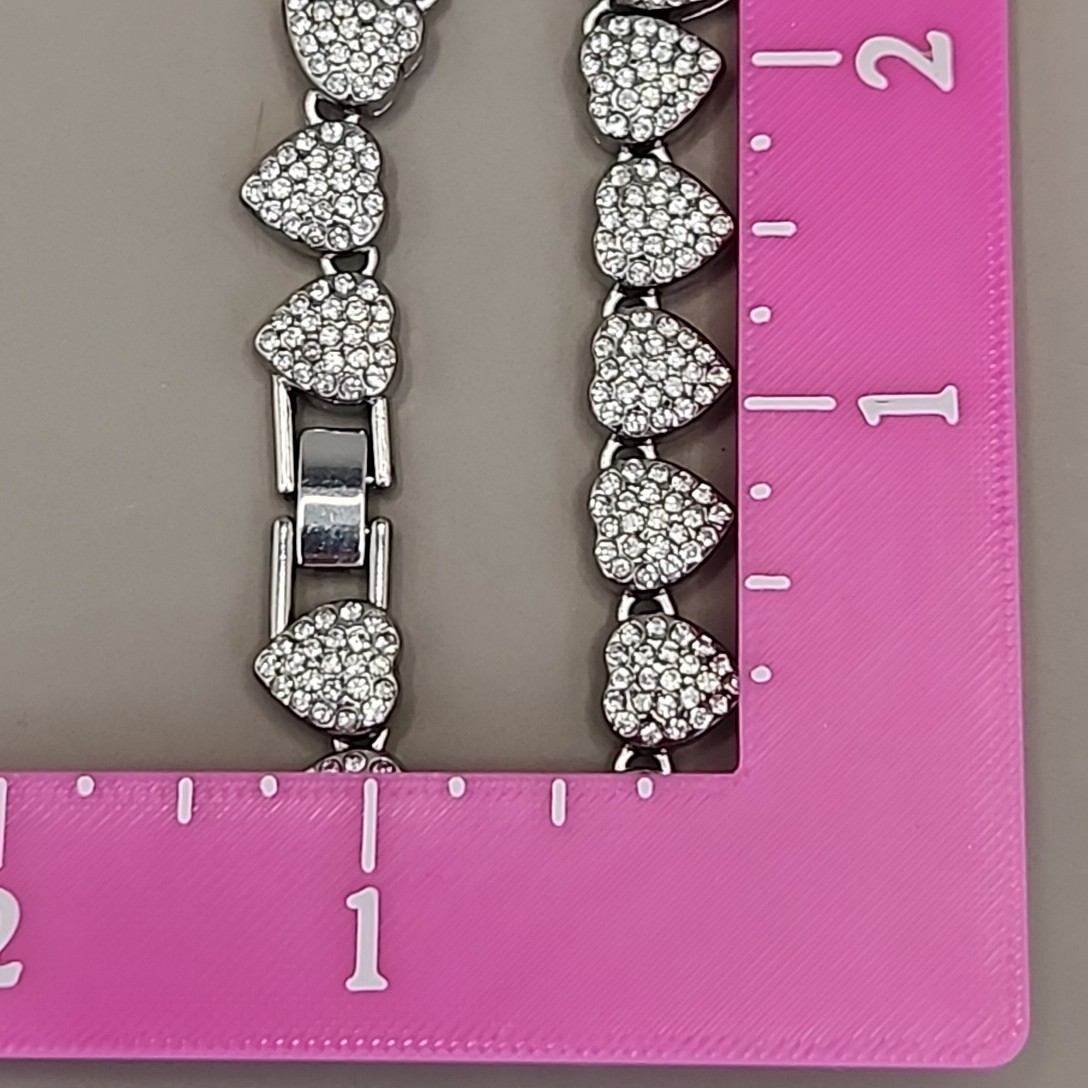 Vintage Heart Bracelet Pave Clear Rhinestones Silver Tone Linked 7.25″