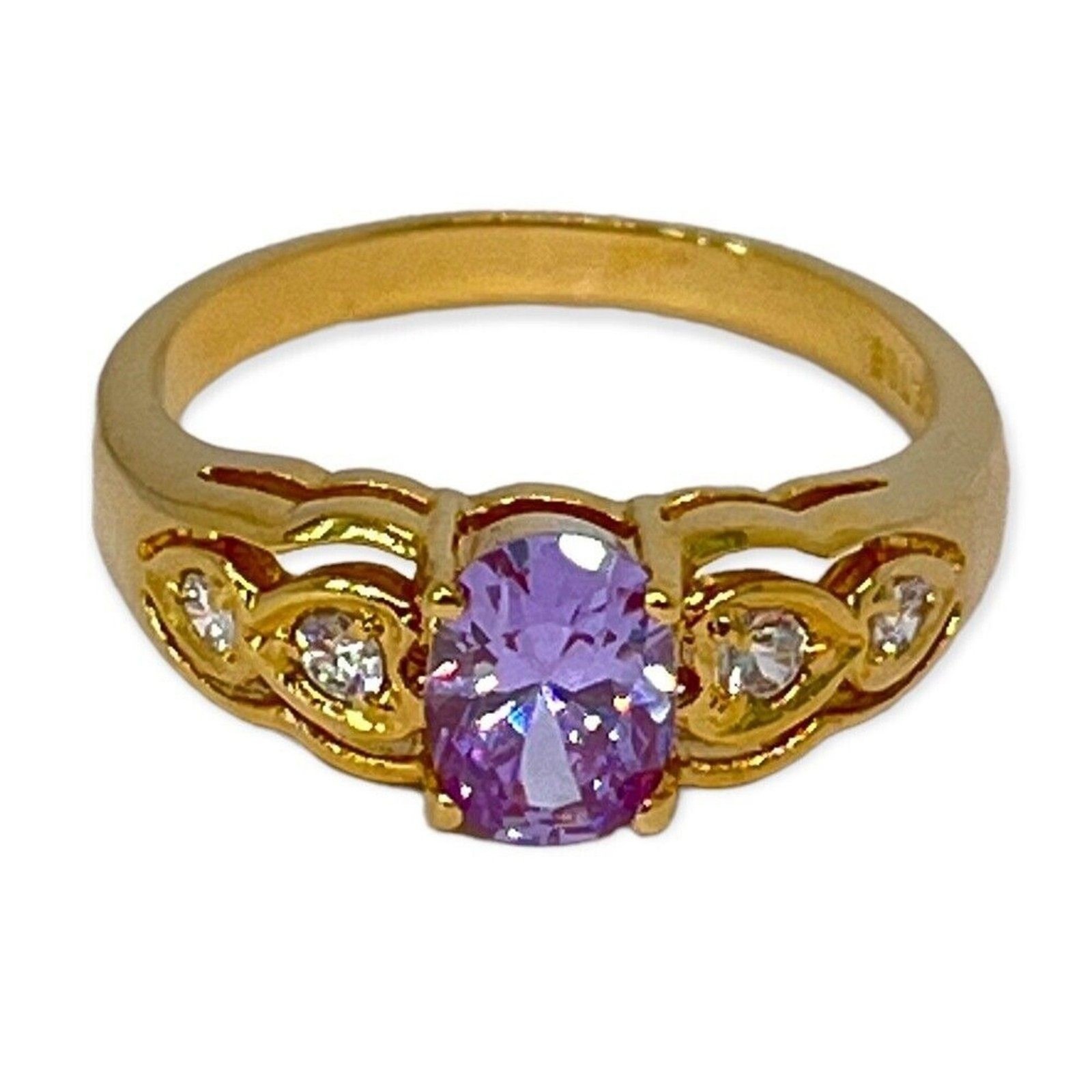 Vintage 1980s Ring Size 4 Lavender CZ Prong Set Gold Plated Band – 14J