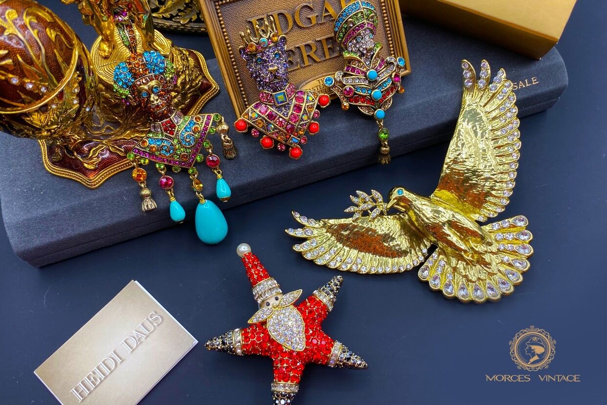 HEI Antique Gold Austrian Crystal Kingfisher Butterfly Love Heart Unicorn Brooch