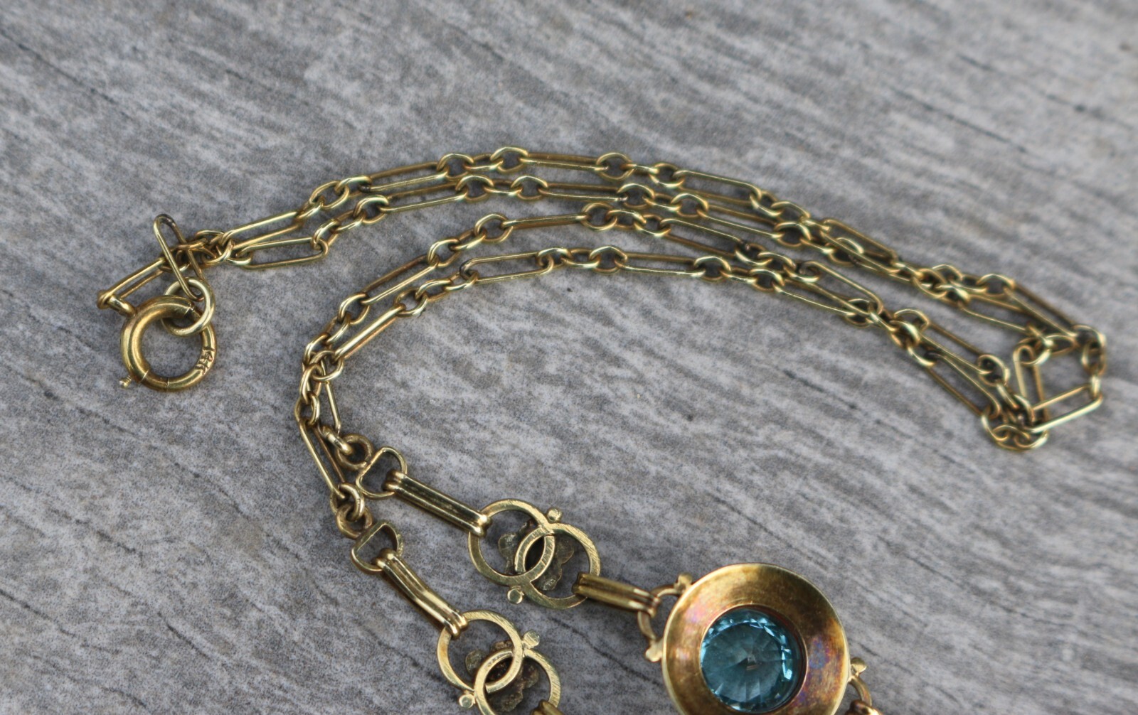 Antique Edwardian 14K Gold Round Vivid Blue Zircons with Seed Pearls Necklace