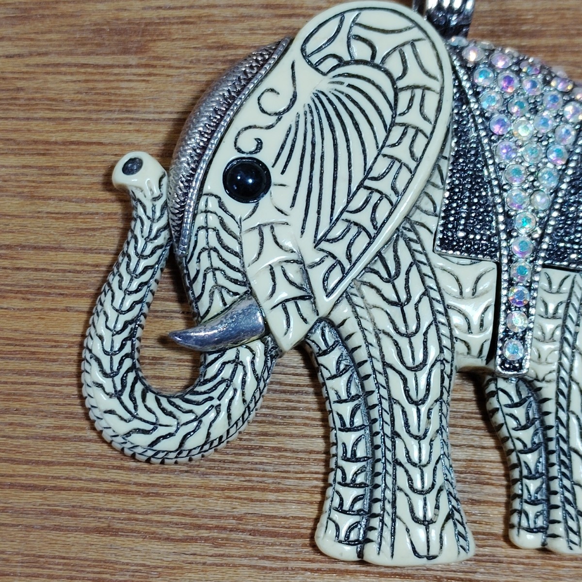 Carved African Elephant Pendant Rhinestones Silver Accents Large Jewelry