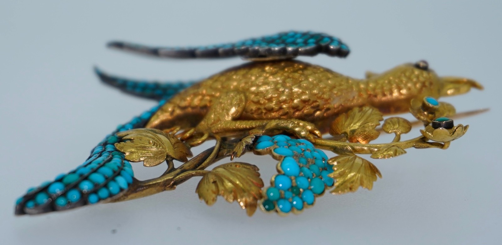 Antique 18K Pave Turquoise & Ruby French Bird Brooch