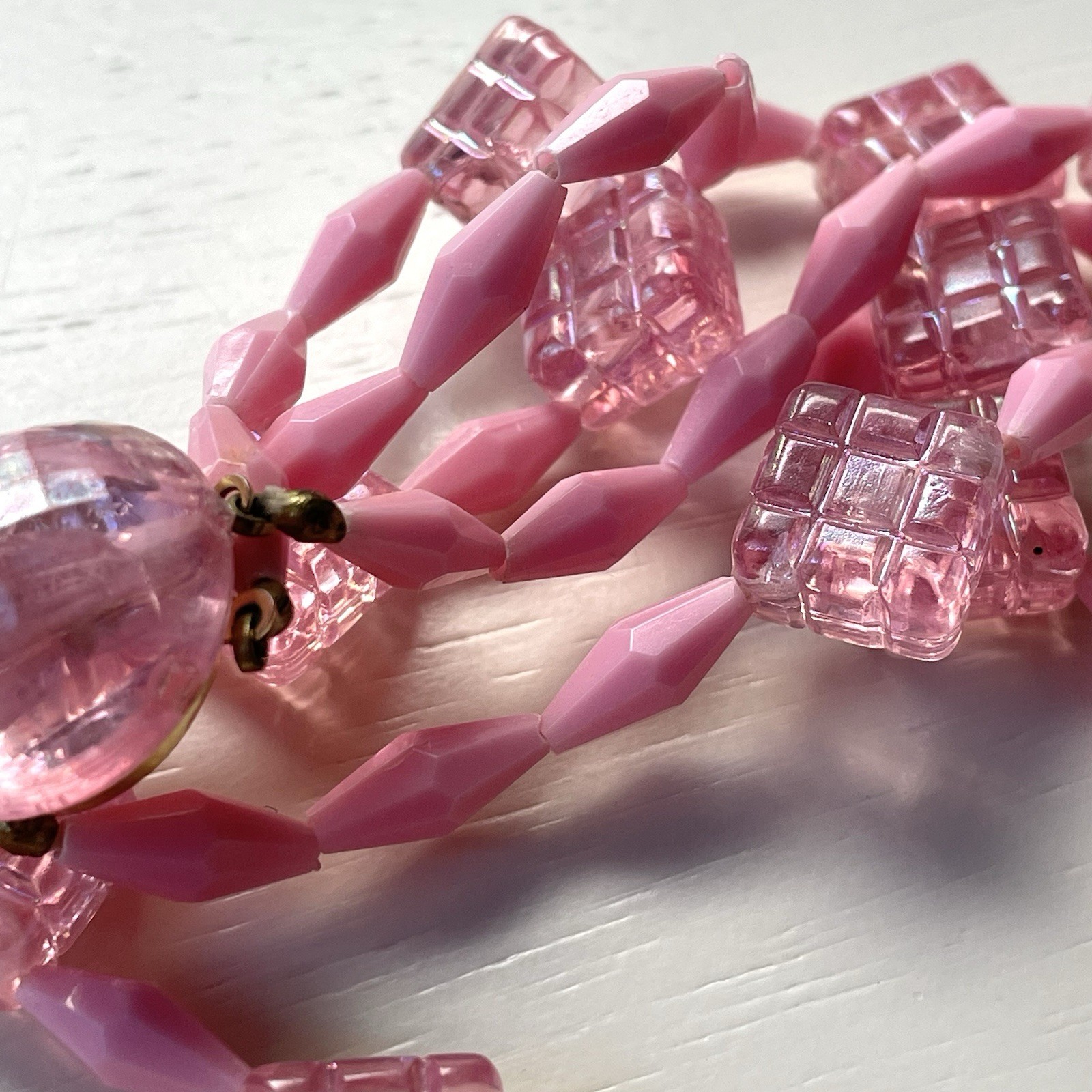 Vintage Austria pink acrylic/lucite double strand statement necklace quilted