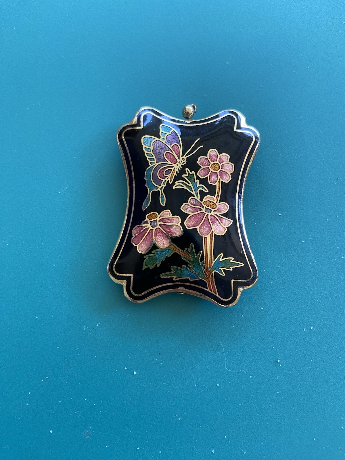 Vintage Cloisonne Pendant Double Sided Large Floral Butterfly Pendant