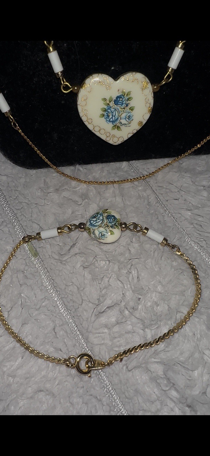 Vintage Japanese Tensha Blue Rose Porcelain Heart Necklace With Match Bracelet