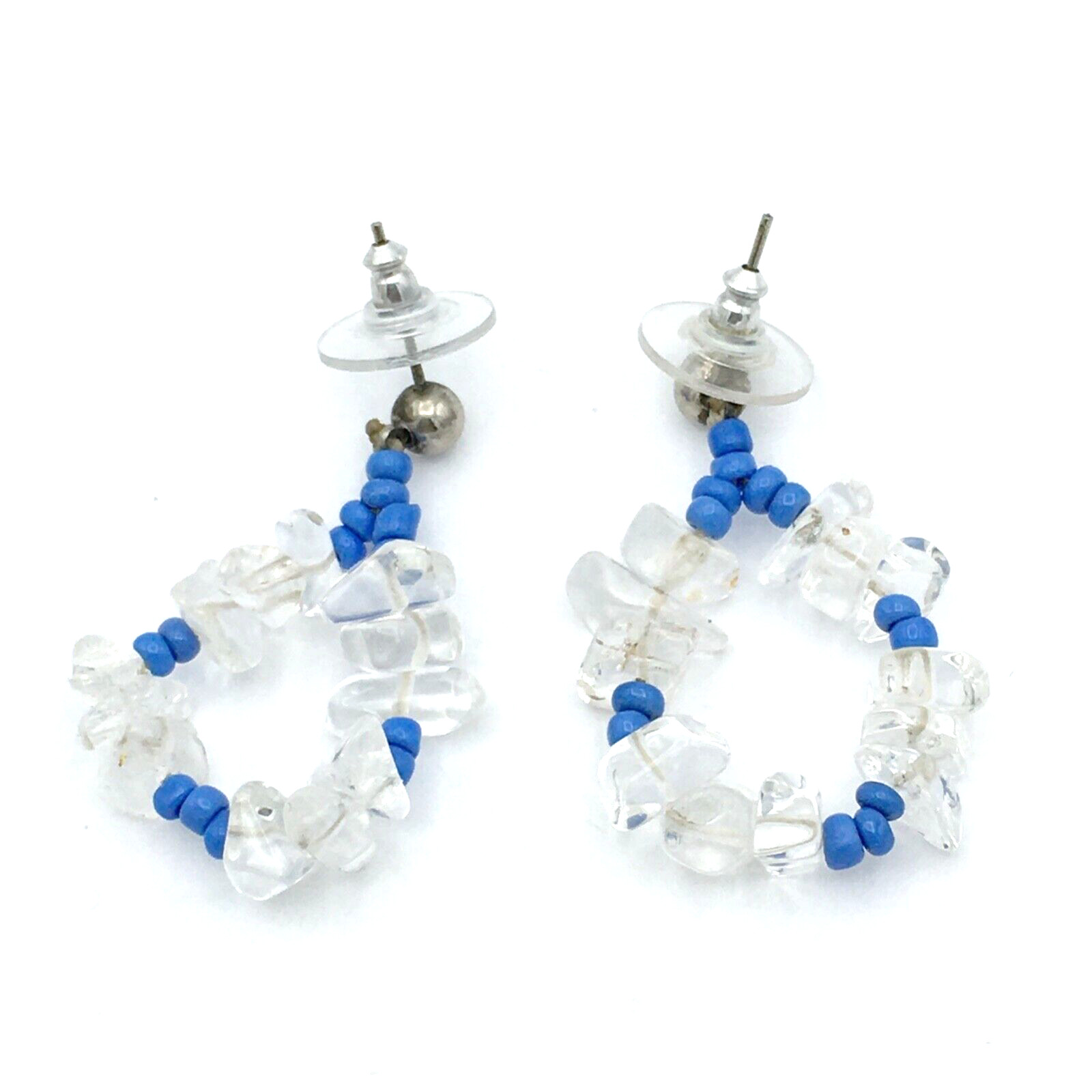 QUARTZ jewelry set – necklace & earrings -clear stone chips & blue glass beads