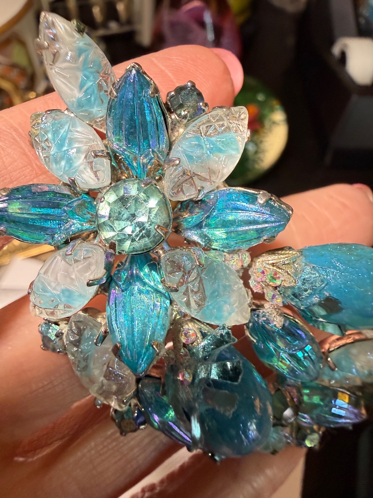 Vintage High End Brooch blue givre glass 3D molded iridescent rhinestones Floral