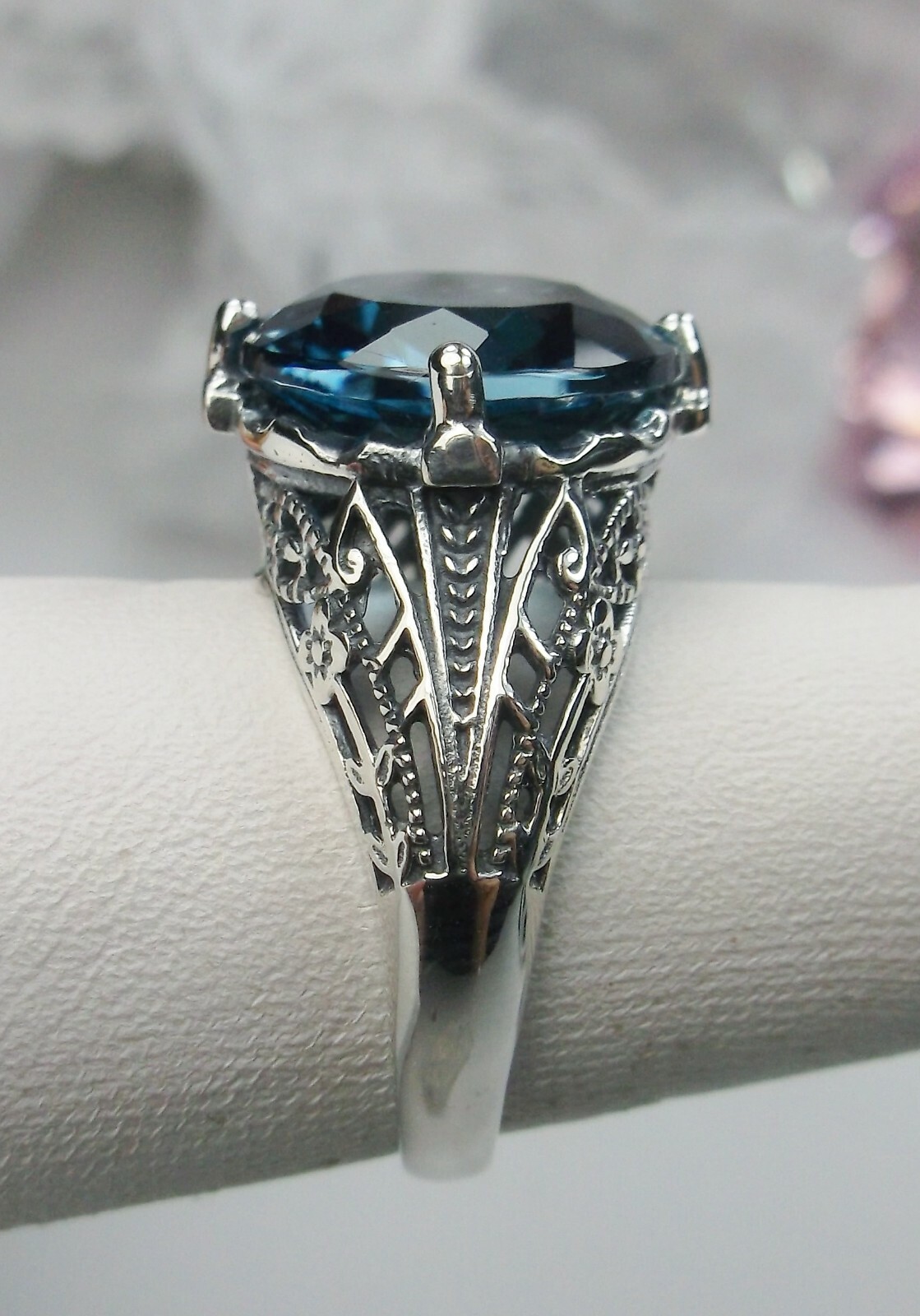 NATURAL London Blue Topaz Sterling Silver Filigree Ring Made To Order D#54