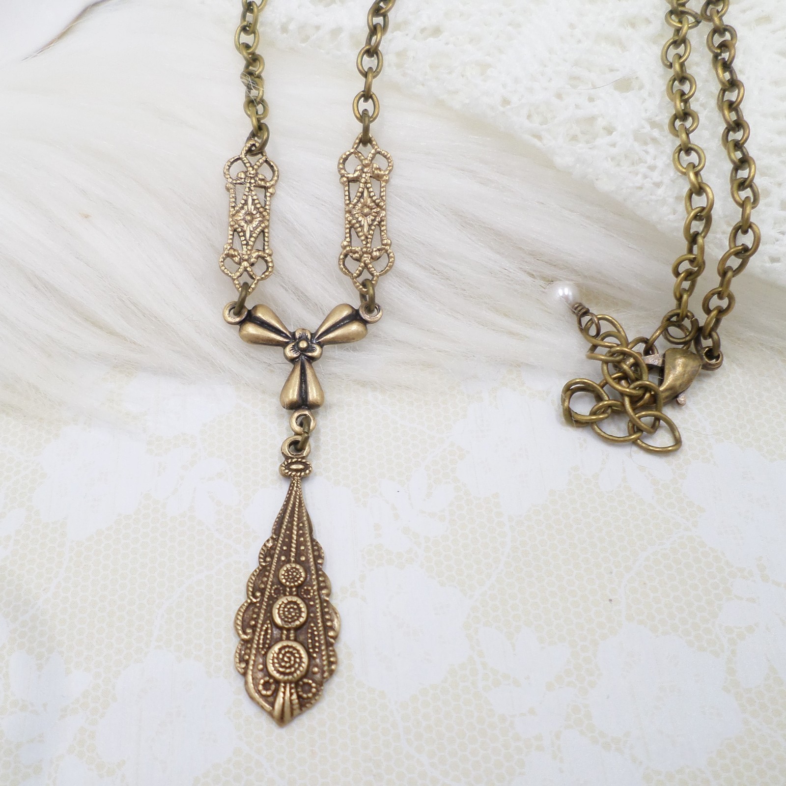 Victorian Style Brass Filigree Charm Necklace: Handmade Bow & Teardrop Jewelry