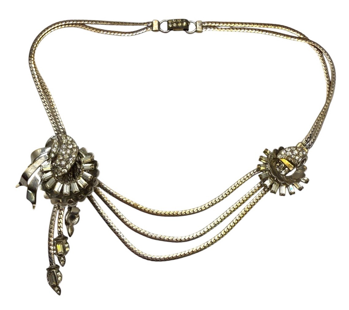 Vintage 40s Charles Reis USA 12K Gold Filled Necklace Collar Tassels Rhinestones