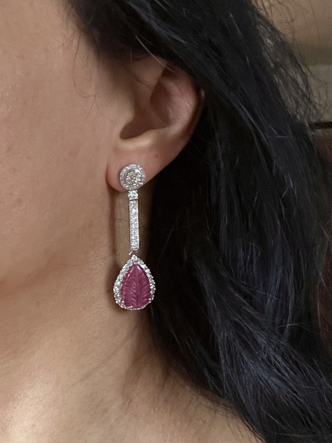 Large 14K Solid Gold Authentic Natural Ruby Diamond Leaf Earrings AGI Certified!