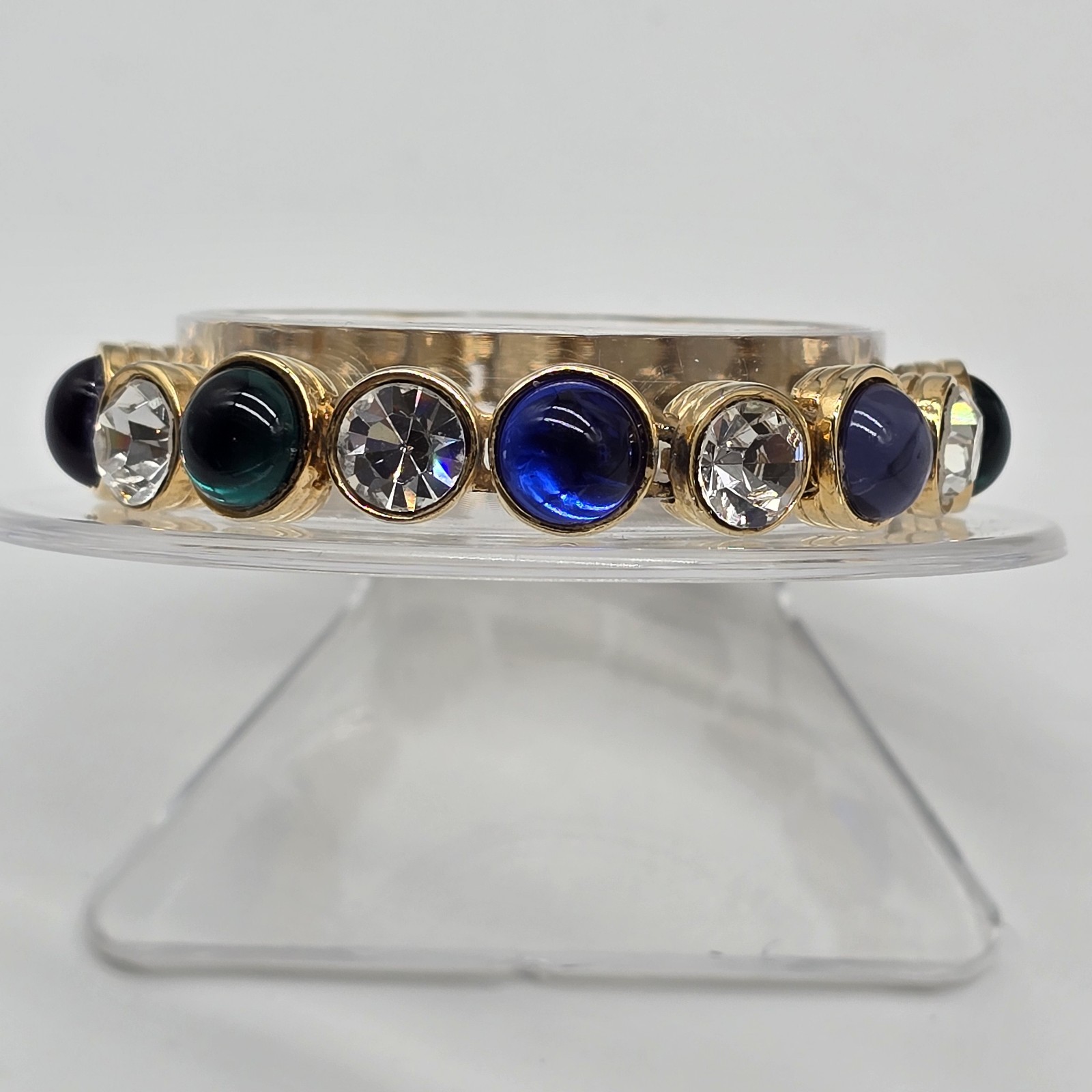 Vintage Les Bernard Bracelet Clear Rhinestones And Blue Green Purple Cabochons