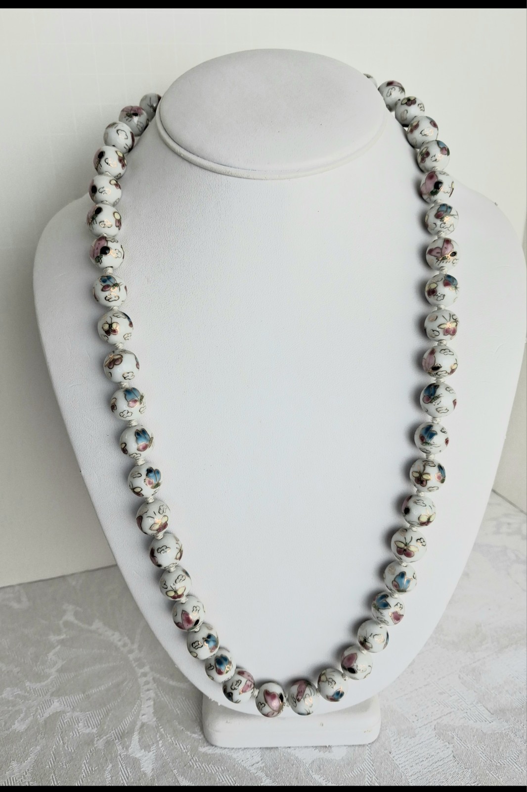 Vtg Cloisonne enamel Knotted butterfly design Gold Beads Wedding Necklace 24 in