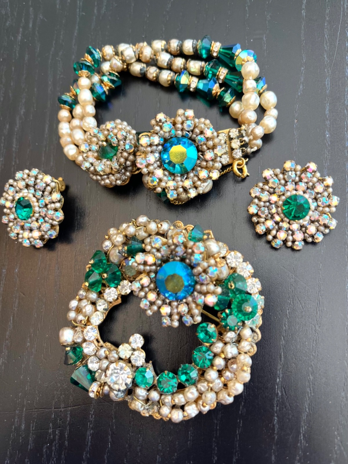 Incredible Vintage 40’s Robert Bracelet Brooch Earrings Pearls Glass Beads etc