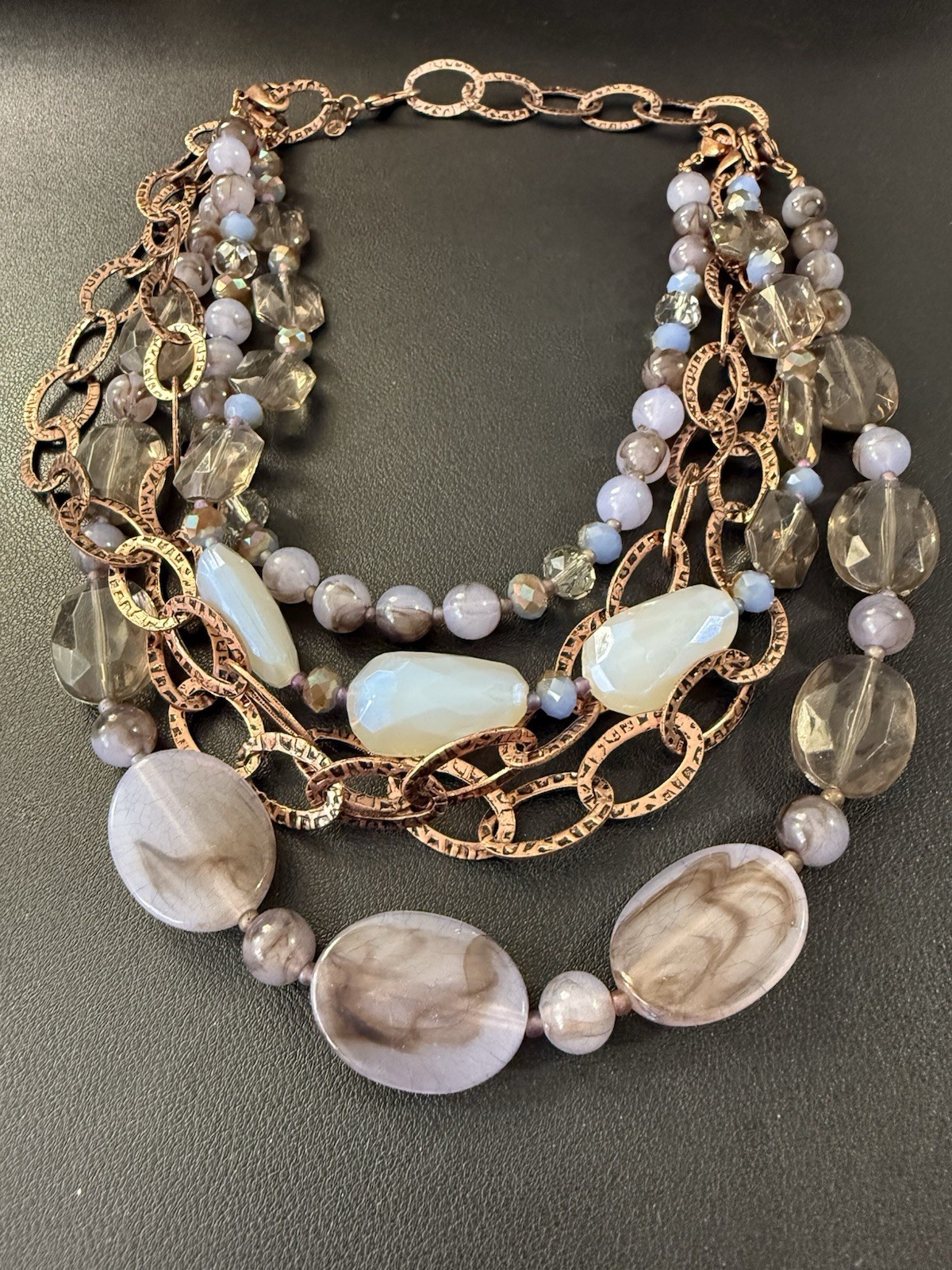 Vintage Premier Designs Marbled Beaded Multi Strand Necklace Copper Tone H8