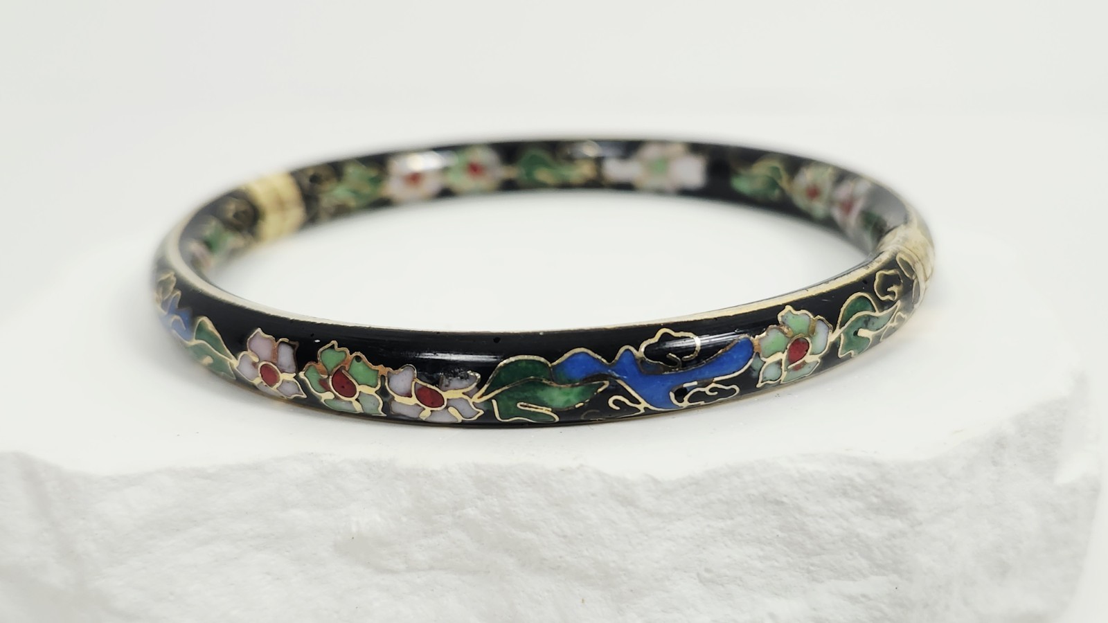 Vintage Chinese Black Cloisonné Enamel Bangle Bracelet Floral Hinged Gilt Brass