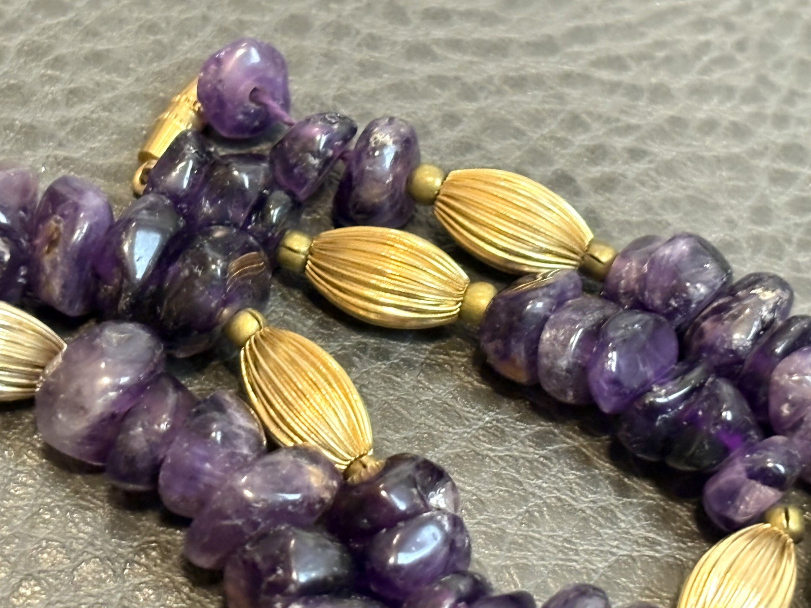 Genuine Dark Purple Amethyst Nugget Beaded Vintage Gold Tone Chunky Necklace 24”