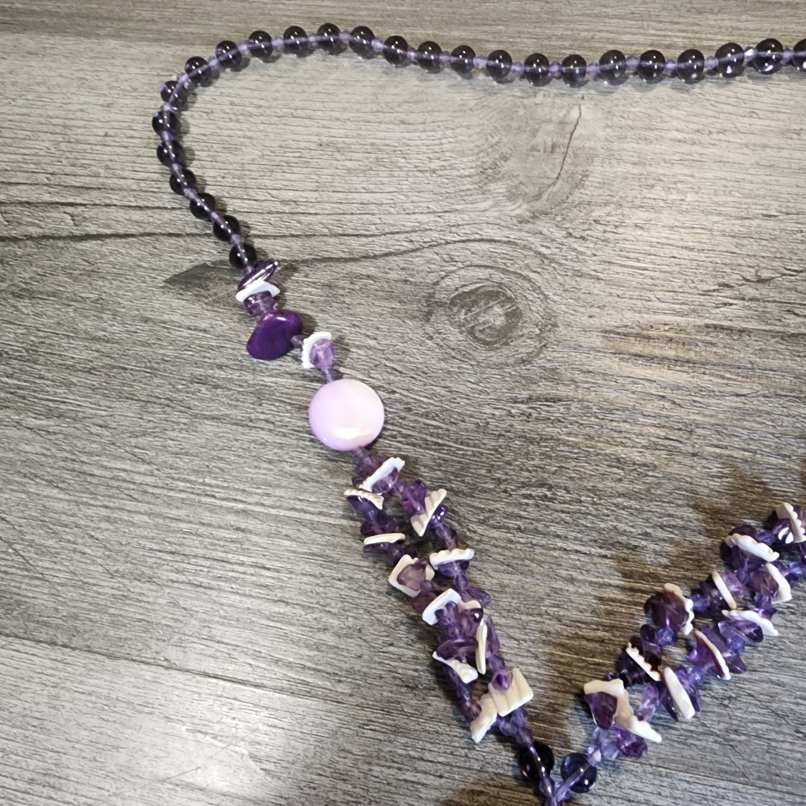 Vintage Necklace Purple Stone Seashell Rock Crystal Quartz Bead Tassel 20″ Shell