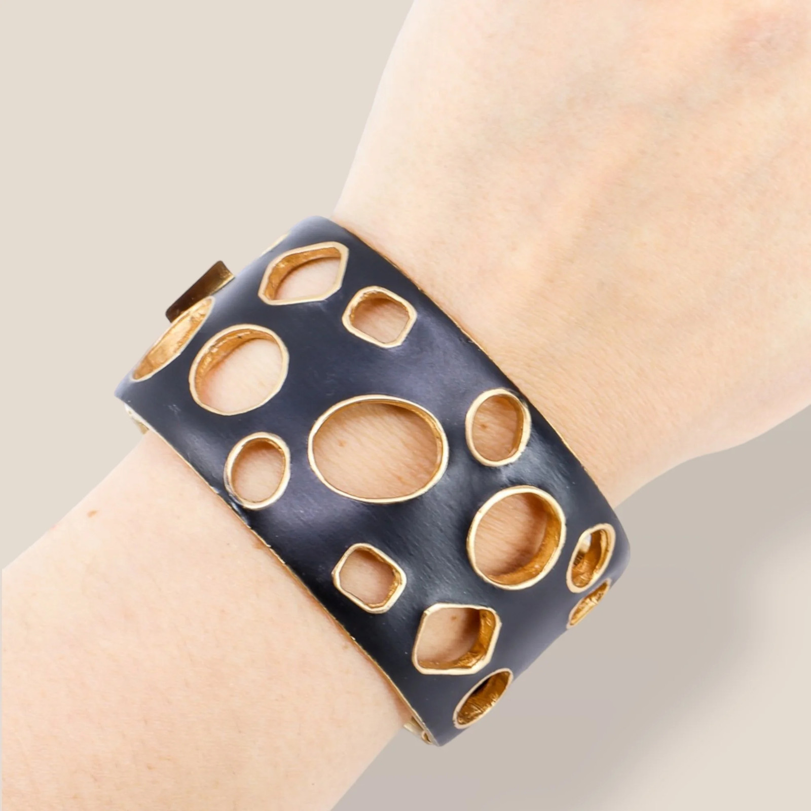 CINER, Signed Vintage, 18k Gold Plated, Jet Enamel Geometric Bracelet