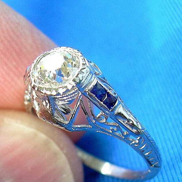 Original EARTH MINED DIAMOND Sapphire Deco Engagement Ring PLATINUM Solitaire 6