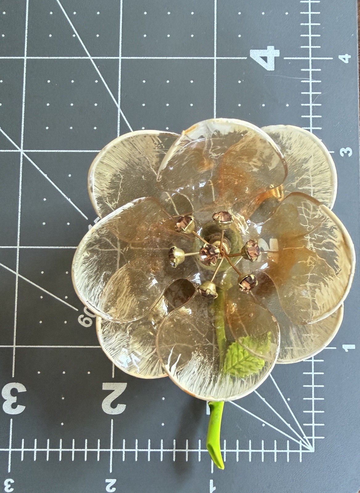 Cellulose Acetate Rhinestone Flower Brooch Earring Set Amber Demi Parure 50s Lot