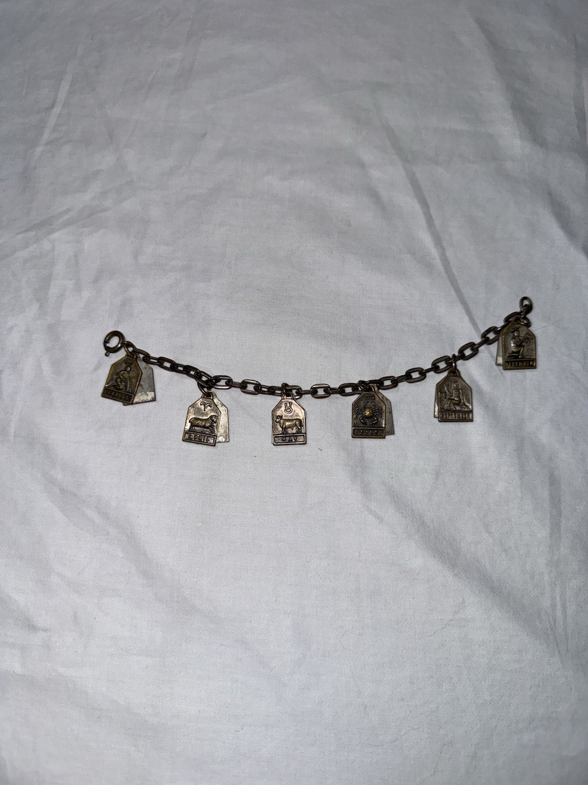 Vintage Zodiac Signs Charm Bracelet Antiqued Brass Tone Metal Astrology Jewelry