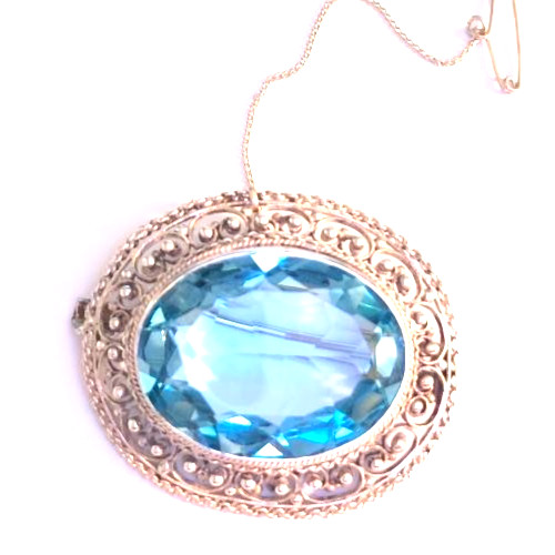 Vtg 1910-20;s Art Deco Sterling .925 Open Back Blue Zircon Brooch Pin Pendant