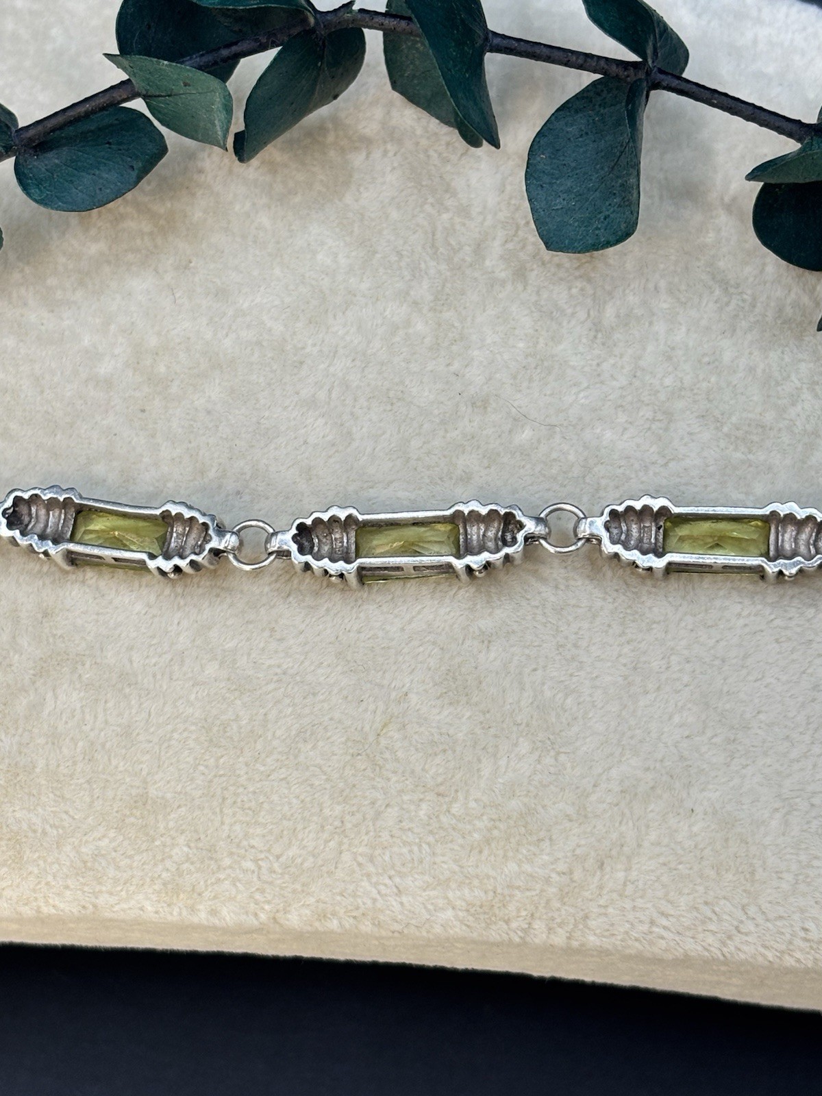 Vintage Sterling Silver 925 Lemon Lime Quartz Crystal Artisan Link Bracelet 6.5″