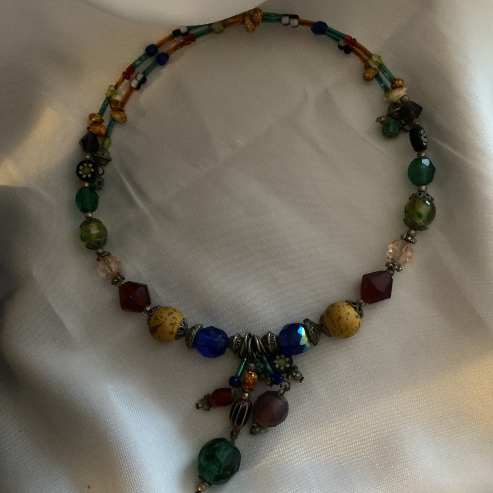 Multicolored glass boho memory wire choker necklace