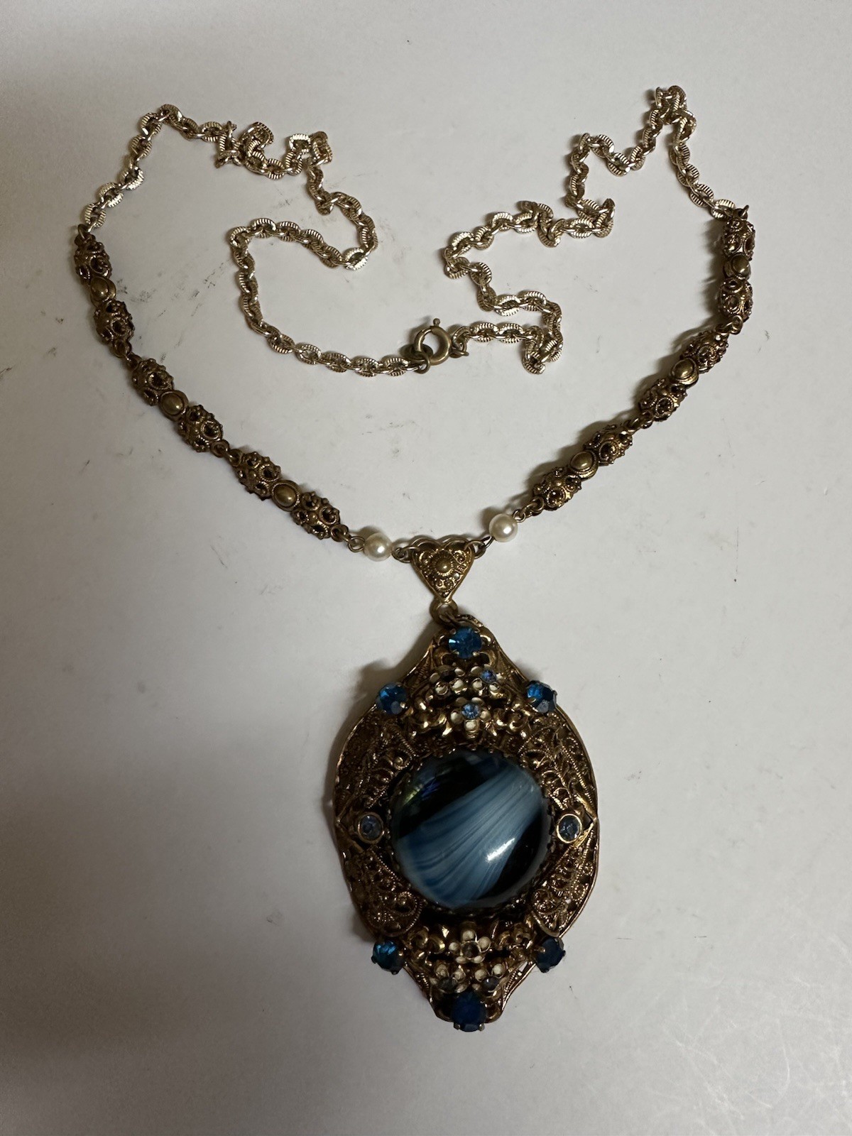 Vintage West Germany Peacock Blue Cabochon Rhinestones Filigree 24” Necklace
