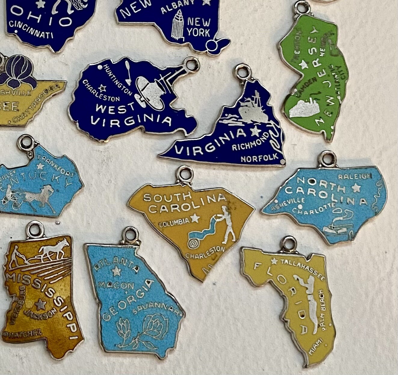 Vintage WELLS Sterling Silver Cloisonné Enamel USA State MOTTO Map Charms