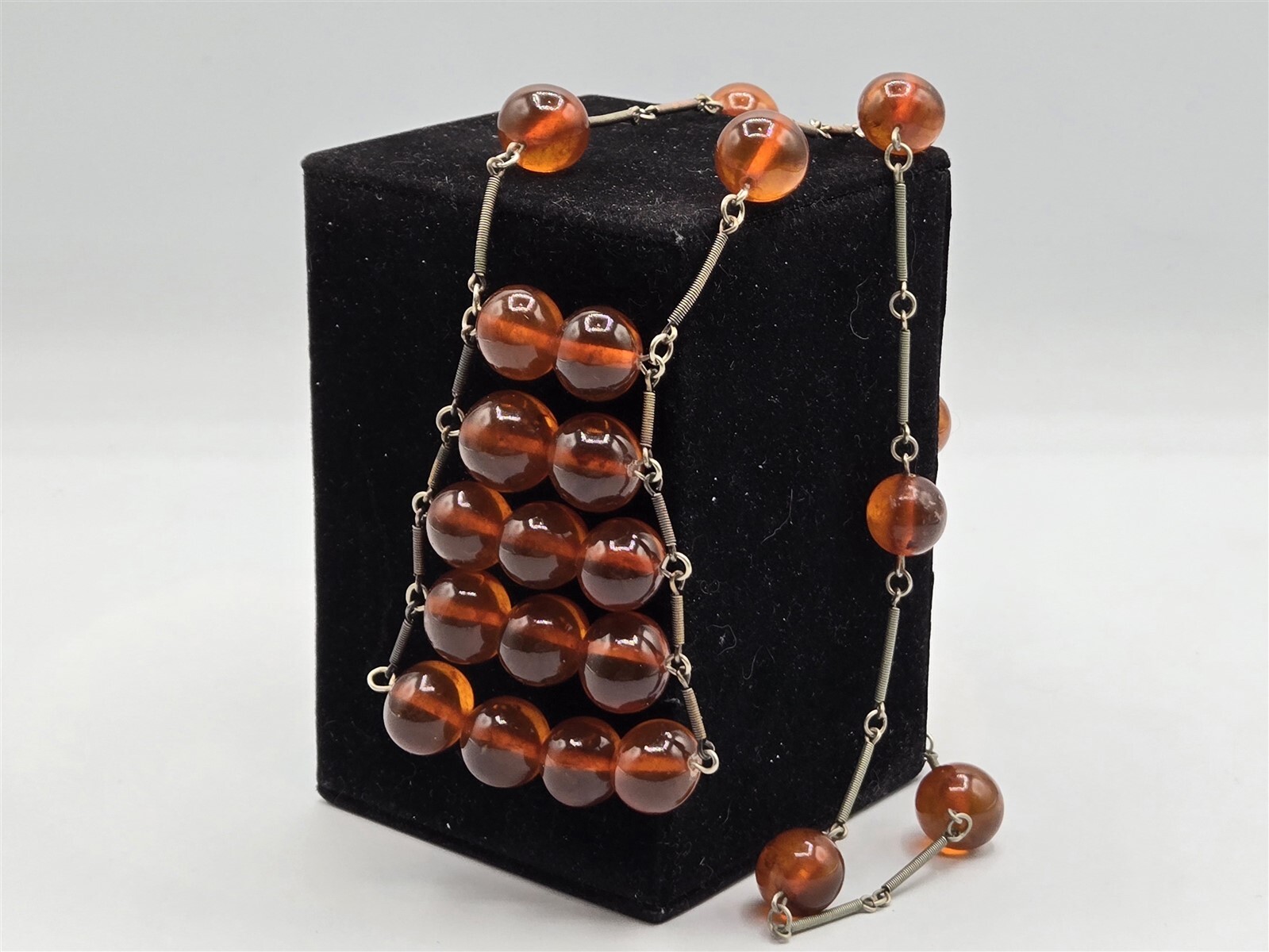 Amber Bead Modernist Necklace Silver Tone & 14 mm 30″