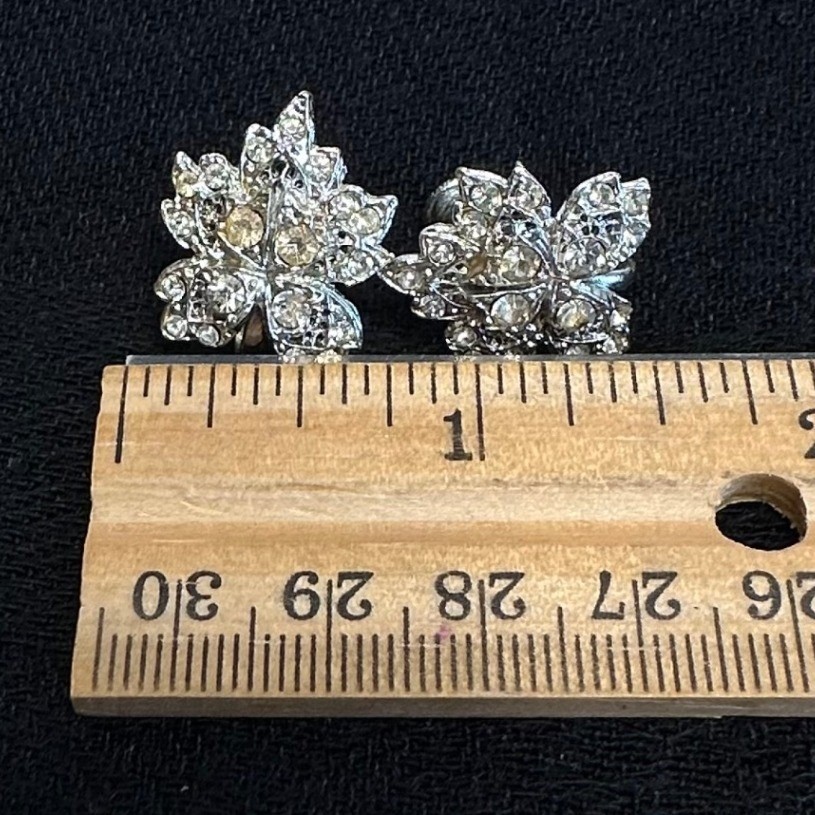 Vintage Silver Tone Rhinestone Maple Leaf Earrings Screw Back