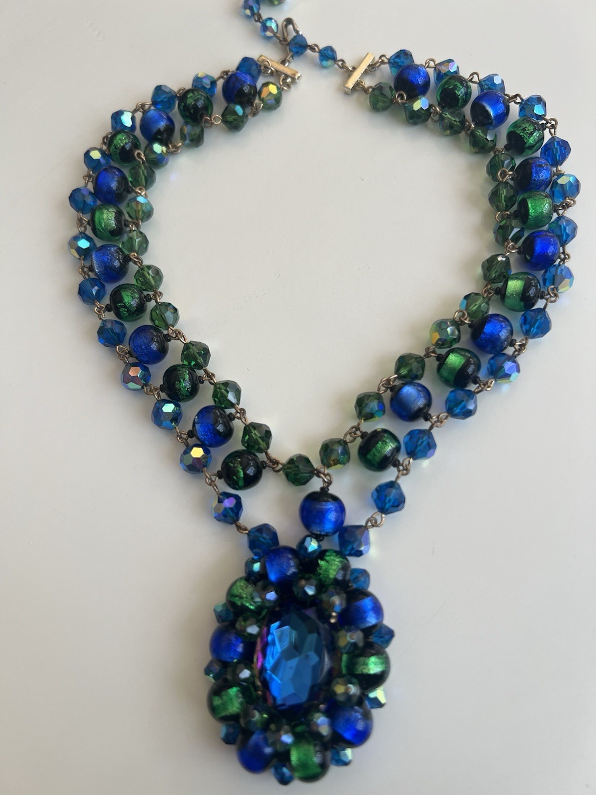 GORGEOUS VTG STATEMENT DESIGNER NECKLACE VENETIAN FOILED BLUE/GREEN GLASS BEADS