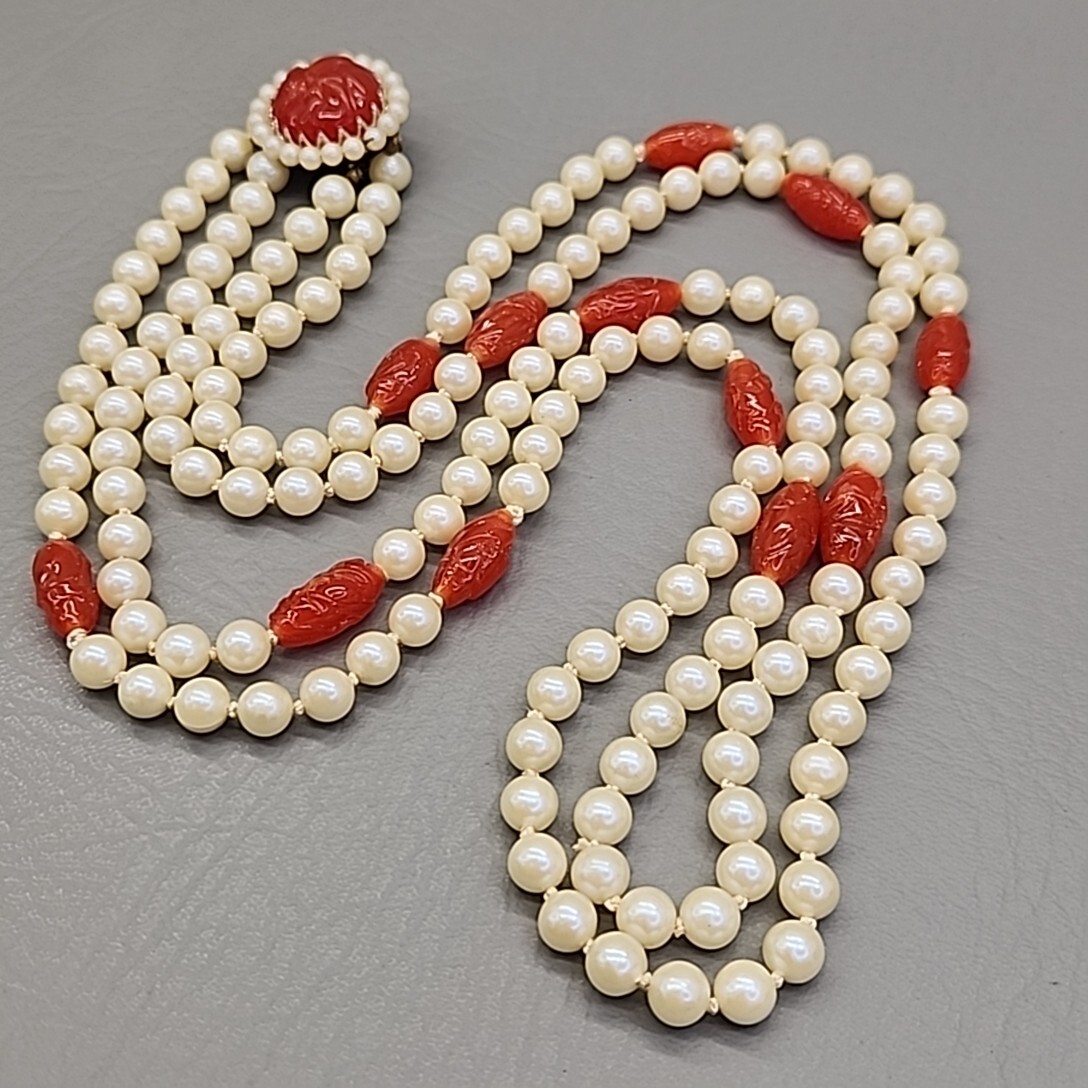 Vtg Bead Necklace Earrings Faux Pearls Layered Peach Art Glass Hong Kong 31″