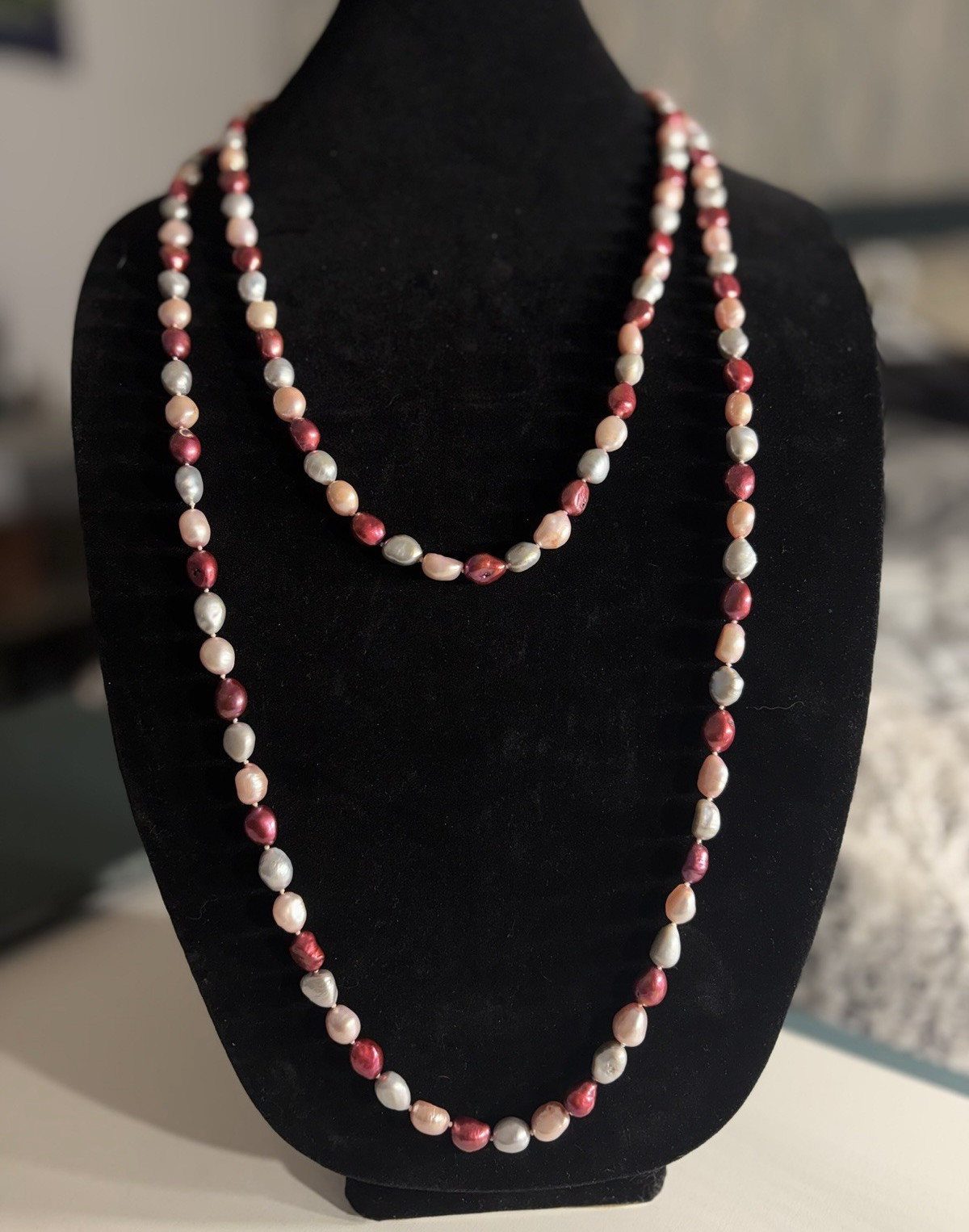 Baroque Freshwater Pearl Necklace Dyed Pink Burgundy Gray Knotted 48” Long
